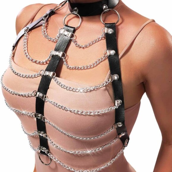 Other - Punk Layered Body Chain Black Belt Leather Chest Chain Harness Choker Chain Body